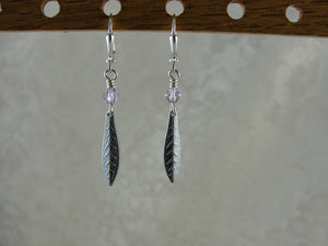 Pewter Feather and Swarovski Crystal Earrings