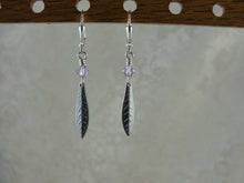 Load image into Gallery viewer, Pewter Feather and Swarovski Crystal Earrings