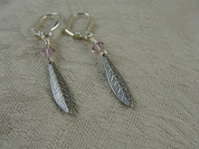 Load image into Gallery viewer, Pewter Feather and Swarovski Crystal Earrings