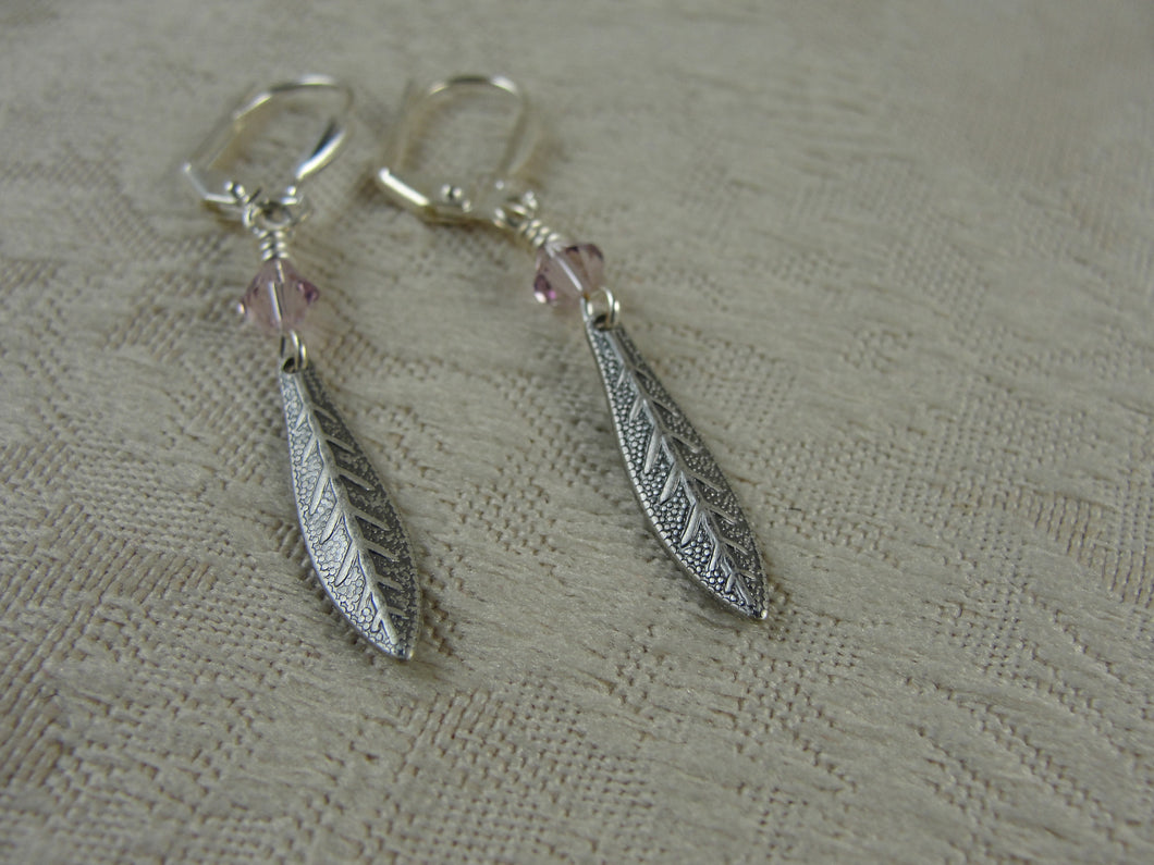 Pewter Feather and Swarovski Crystal Earrings