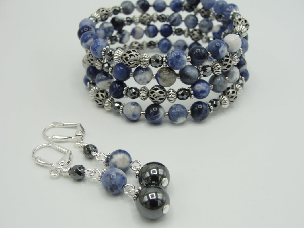 Blue Stone Wrap Bracelet and Earring Set
